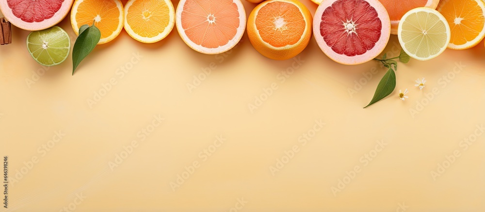 Poster citrus slices with spices isolated pastel background copy space