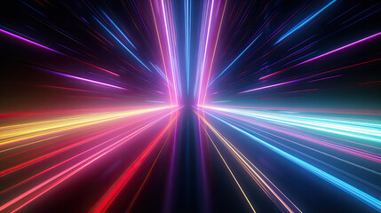 A dynamic abstract backgrounds comes alive with neon streaks rising, forming a virtual reality atmosphere, intertwined with captivating laser beams