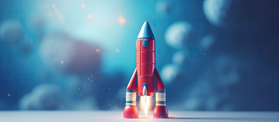 A rendered 3D toy space rocket in red and blue isolated pastel background Copy space