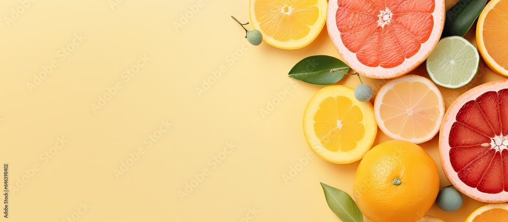 Poster citrus fruits on a isolated pastel background copy space macro closeup