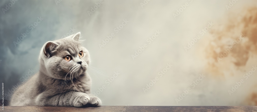 Sticker attractive scottishfold cat very close up portrait at home isolated pastel background copy space