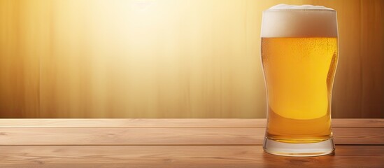 Beer on glass and wooden floor with a golden color isolated pastel background Copy space