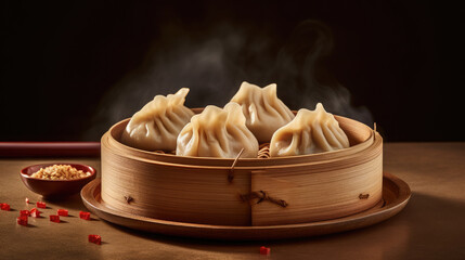 Bamboo container with chines dumplings Generative AI