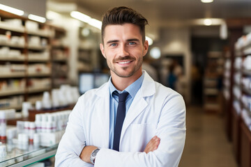 Fototapeta premium Pharmacist/pharmacist standing at the medicine counter. Ai generative.