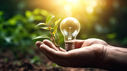 On Earth Day, we see a caring hand holding a radiant light bulb within rich soil, bathed in sunlight—a symbol of nature's energy-efficient support
