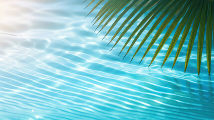 Fototapeta na wymiar Palm leaves cast playful shadows on the clear turquoise waters, embraced by the sun's gleaming reflections, exuding the purest essence of summertime