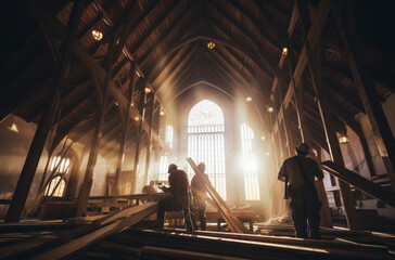 Obraz na płótnie Canvas Building for Jesus. Three men working on the interior of a new church