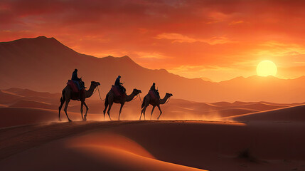 people cross the desert on camels.