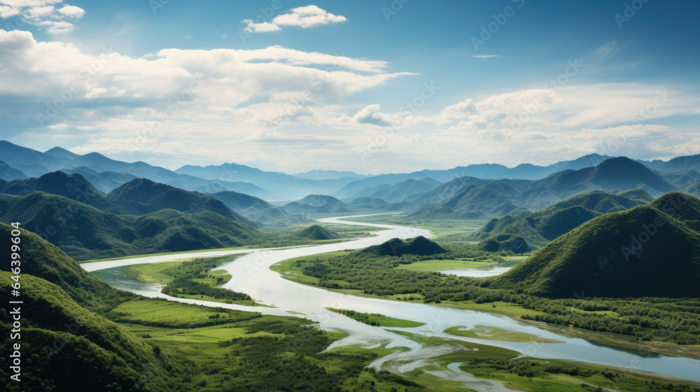 Wall mural several rivers flow through green valley