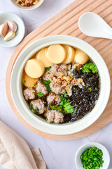 Clear Soup with Bean Curd and Minced Pork and seaweed , top view food