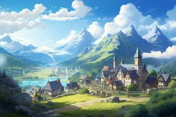 Breathtaking anime village nestled among mountains and featuring a charming chapel atop a hill. Generative AI