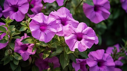 Beautiful purple mexican petunia flower in bloom against a background of green leaves