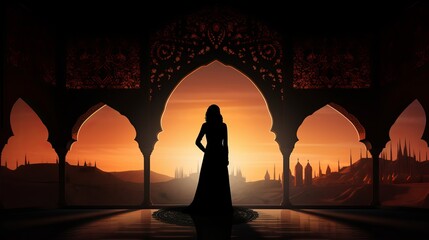 silhouette of a Persian woman wearing traditional clothing against a backdrop of Iranian architecture