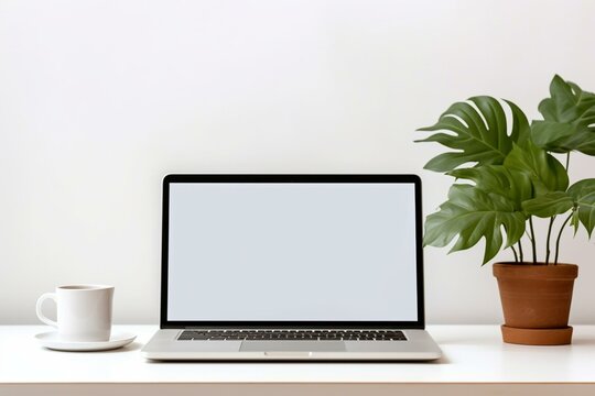 Minimalistic workspace with laptop, coffee, picture frame, and plant on a white table. Generative AI
