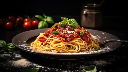 Delicious appetizing spaghetti with tomato sauce, parmesan cheese, and basil on a plate on a dark table