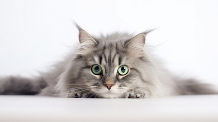 Fototapeta premium Laying on a white table is a cute large long-haired gray kitten with stunningly large green eyes.