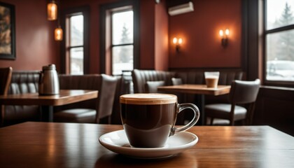 cup of hot coffee with cozy coffeehouse restaurant background, created using AI generative technology