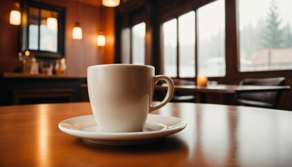Fototapeta premium cup of hot coffee with cozy coffeehouse restaurant background, created using AI generative technology