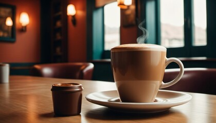 Obraz premium cup of hot coffee with cozy coffeehouse restaurant background, created using AI generative technology
