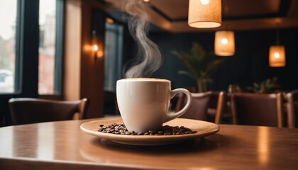 cup of hot coffee with cozy coffeehouse restaurant background, created using AI generative technology