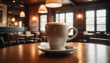 cup of hot coffee with cozy coffeehouse restaurant background, created using AI generative technology
