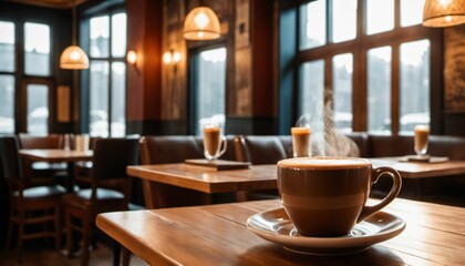 cup of hot coffee with cozy coffeehouse restaurant background, created using AI generative technology