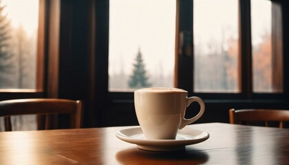 cup of hot coffee with cozy coffeehouse restaurant background, created using AI generative technology