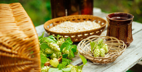 Green hops, malt on the old wood table, ingredients to make beer. Brewery background