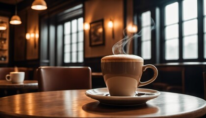 Fototapeta premium cup of hot coffee with cozy coffeehouse restaurant background, created using AI generative technology