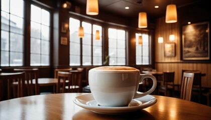 Obraz premium cup of hot coffee with cozy coffeehouse restaurant background, created using AI generative technology