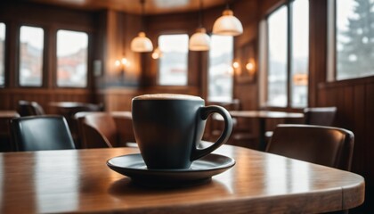 cup of hot coffee with cozy coffeehouse restaurant background, created using AI generative technology