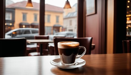 Fototapeta premium cup of hot coffee with cozy coffeehouse restaurant background, created using AI generative technology
