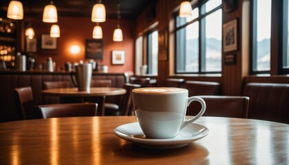 cup of hot coffee with cozy coffeehouse restaurant background, created using AI generative technology