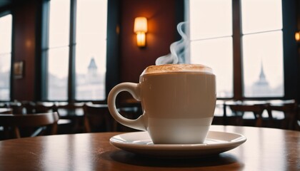 cup of hot coffee with cozy coffeehouse restaurant background, created using AI generative technology