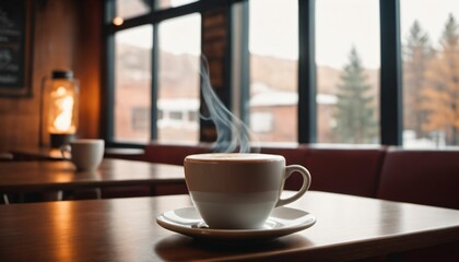 cup of hot coffee with cozy coffeehouse restaurant background, created using AI generative technology