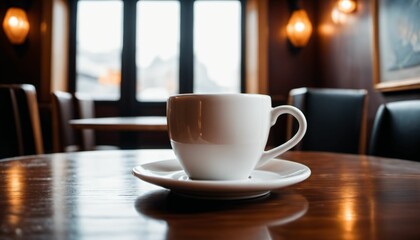 cup of hot coffee with cozy coffeehouse restaurant background, created using AI generative technology