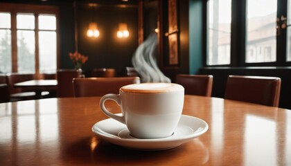 cup of hot coffee with cozy coffeehouse restaurant background, created using AI generative technology