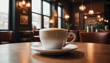 cup of hot coffee with cozy coffeehouse restaurant background, created using AI generative technology