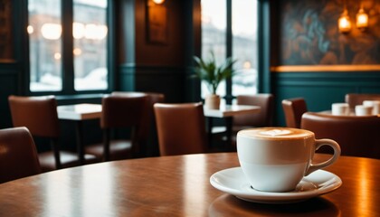 cup of hot coffee with cozy coffeehouse restaurant background, created using AI generative technology