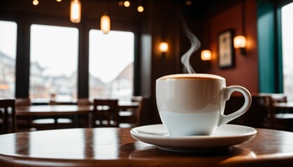 cup of hot coffee with cozy coffeehouse restaurant background, created using AI generative technology