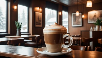 cup of hot coffee with cozy coffeehouse restaurant background, created using AI generative technology