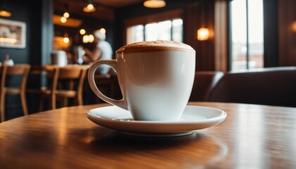 cup of hot coffee with cozy coffeehouse restaurant background, created using AI generative technology