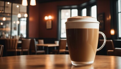 cup of hot coffee with cozy coffeehouse restaurant background, created using AI generative technology