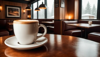 cup of hot coffee with cozy coffeehouse restaurant background, created using AI generative technology