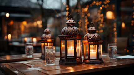 Fototapeta na wymiar Lanterns on restaurant tables in winter