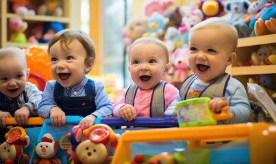 Babies smiling and happy playing in the daycare center on Children's Day in a toy room background. - obrazy, fototapety, plakaty