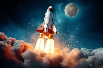 An image of a spaceship launching towards the moon or stars, perfect for your project or business. Generative AI