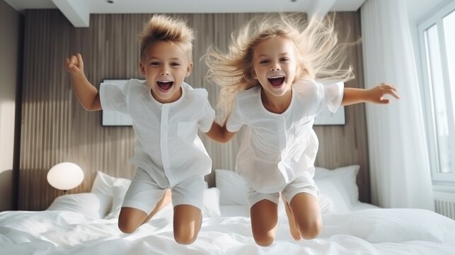 Children jumping on a bed in a bedroom because they are super happy