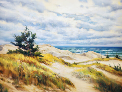 Acrylic painting of baltic sea dune coast landscape. Ocean.
