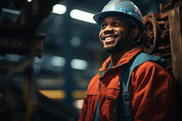 Portrait of smiling african american worker in hardhat standing in warehouse